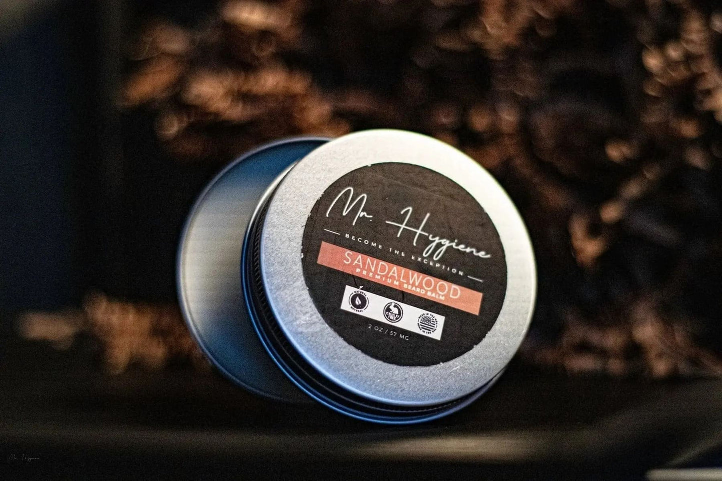 Sandalwood Beard Balm for Men – Shape, Soften & Scent in silver tin, perfect for styling and nourishing beards for a well-groomed look.