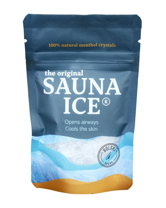 Sauna Ice packaging featuring 100% natural menthol crystals for cooling sauna experience.