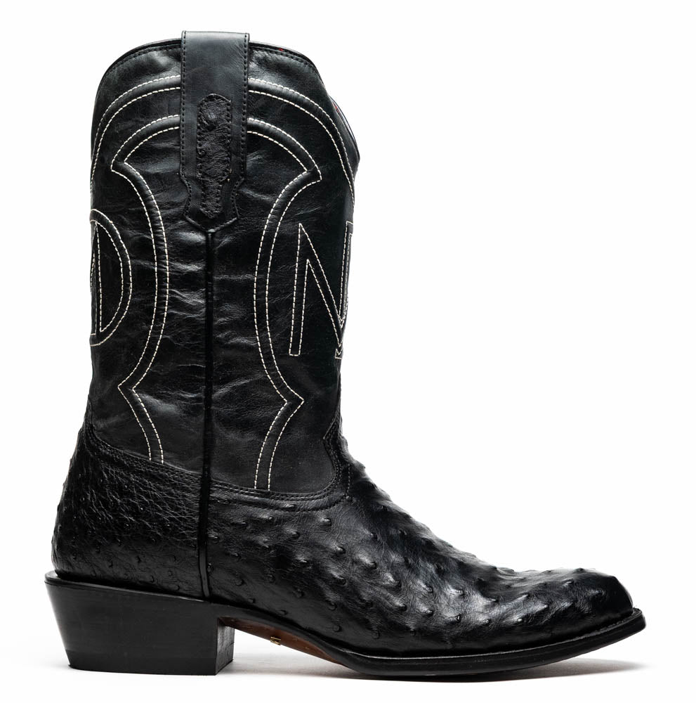 Savannah Black genuine ostrich skin cowboy boot with full-grain leather shaft, handcrafted Western style, pre-order available now.