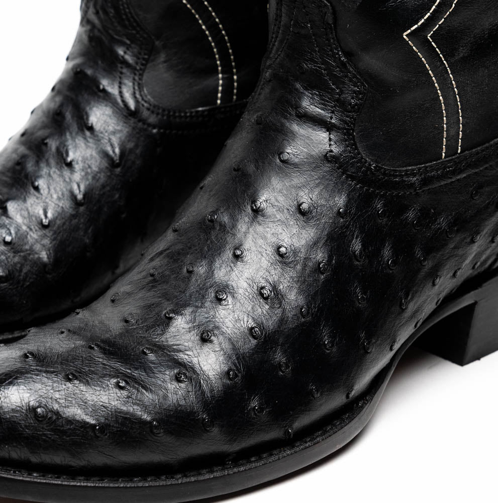 Close-up of Savannah Black genuine ostrich skin cowboy boot, featuring full-quill texture and handcrafted quality from the Western Collection.
