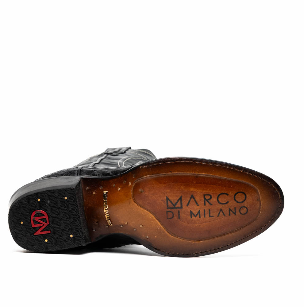 Sole of Savannah Black ostrich skin cowboy boot showing brand details, part of the Western Collection.