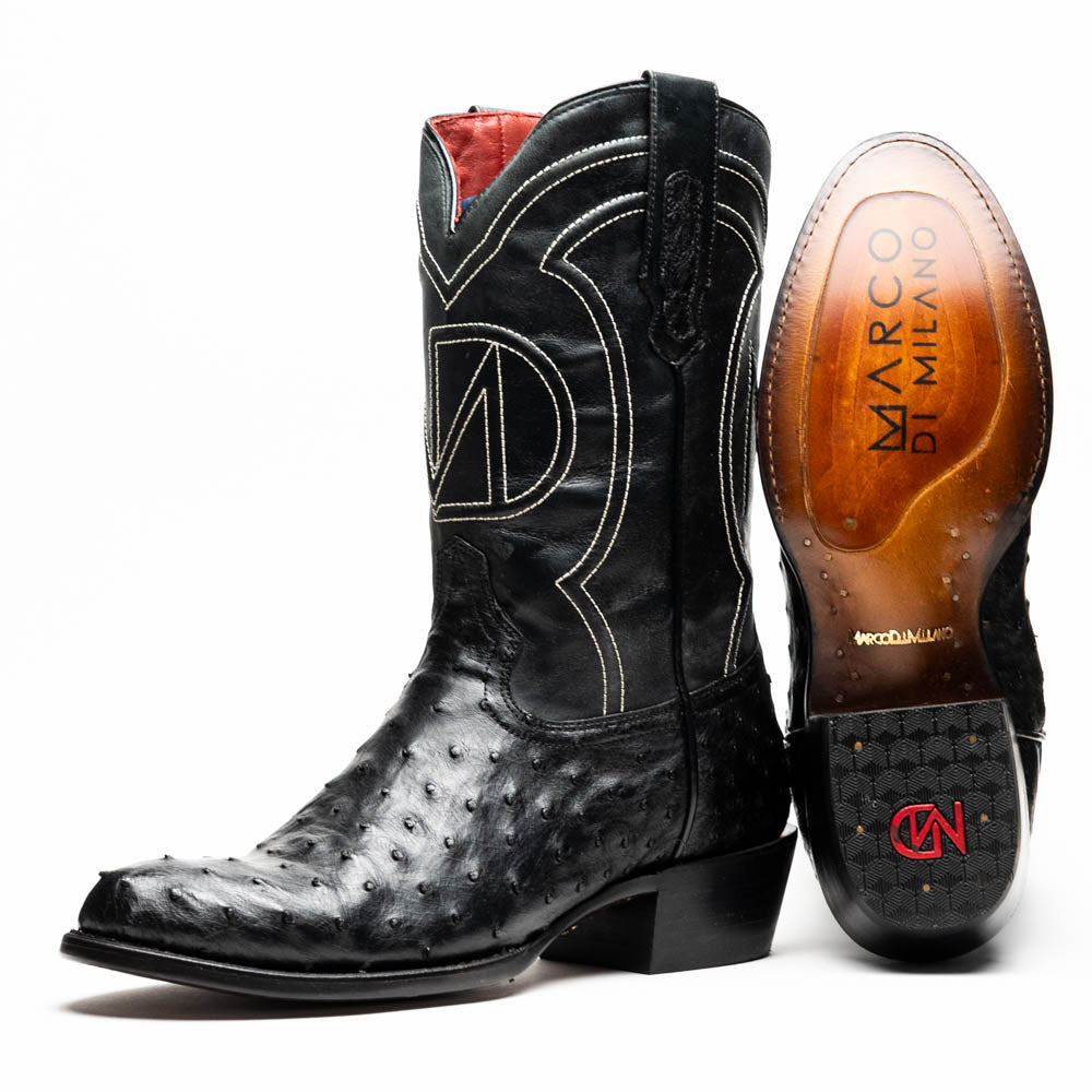 Savannah Black genuine ostrich skin cowboy boot with full-grain leather shaft, handcrafted Western design from Marco di Milano.