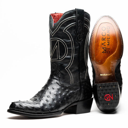 Savannah Black genuine ostrich skin cowboy boot with full-grain leather shaft, handcrafted Western design from Marco di Milano.