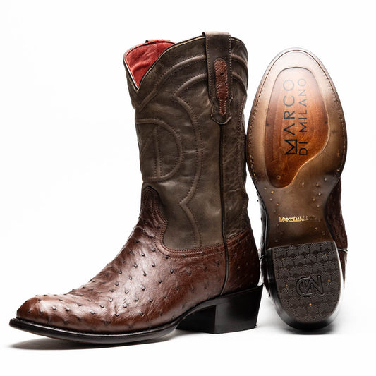Savannah Kango Tabac ostrich skin cowboy boots with full-grain leather shaft, Western style footwear for pre-order