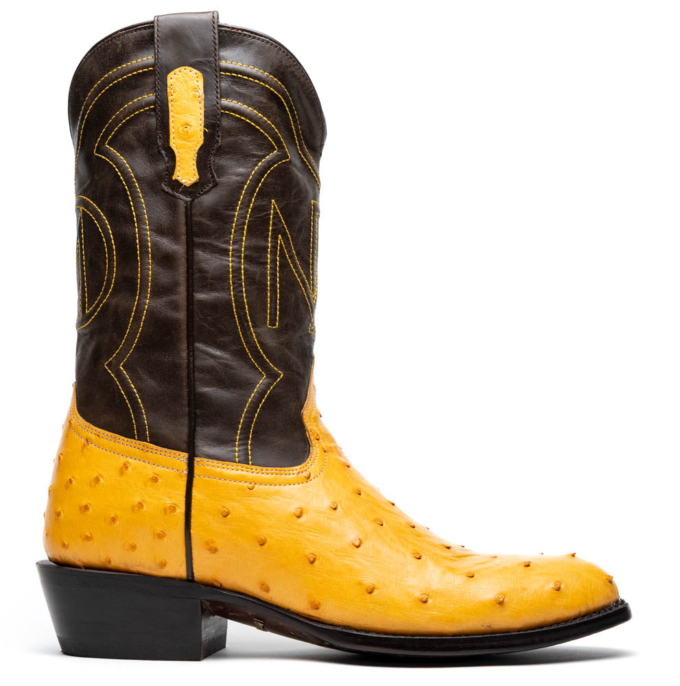 Savannah Buttercup ostrich skin cowboy boot with full-grain leather shaft, Western style footwear