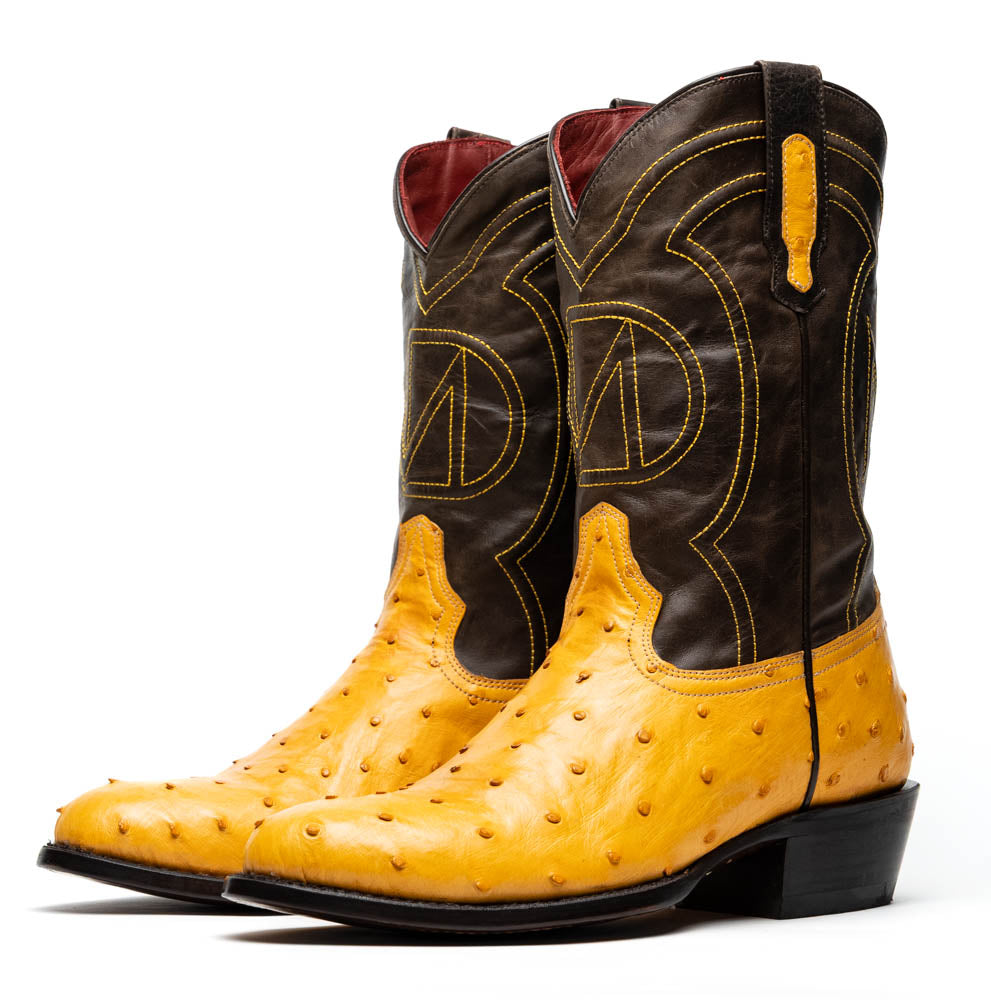 Savannah Buttercup ostrich cowboy boots with round toe and full-grain leather shaft.
