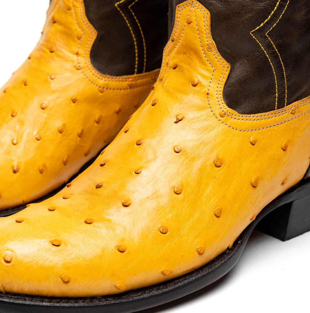 Savannah Buttercup genuine ostrich skin cowboy boots showcasing handcrafted design with full-grain leather shaft.