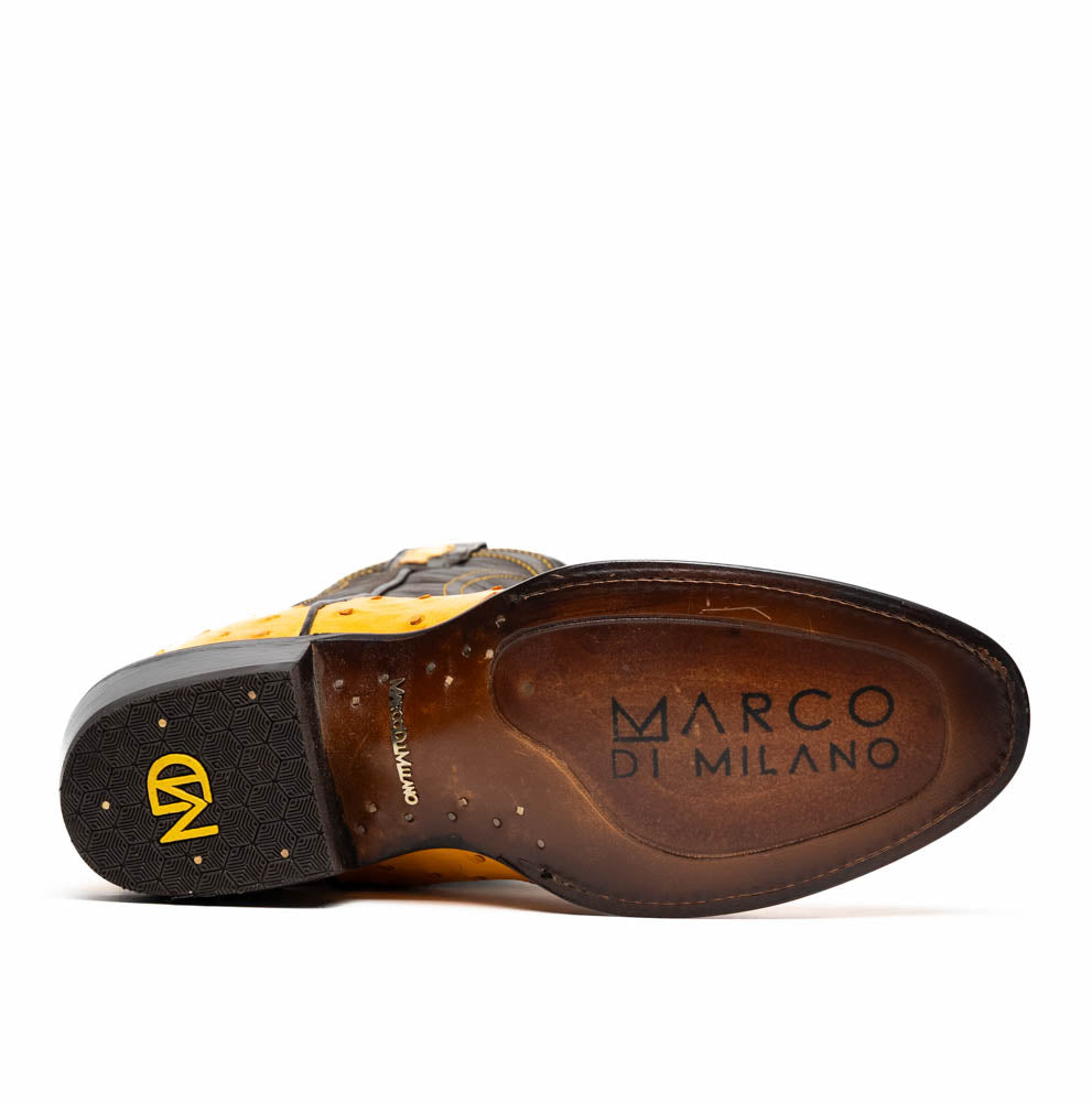 Sole view of Savannah Buttercup Genuine Ostrich Skin Cowboy Boot with Marco di Milano branding, Western Collection