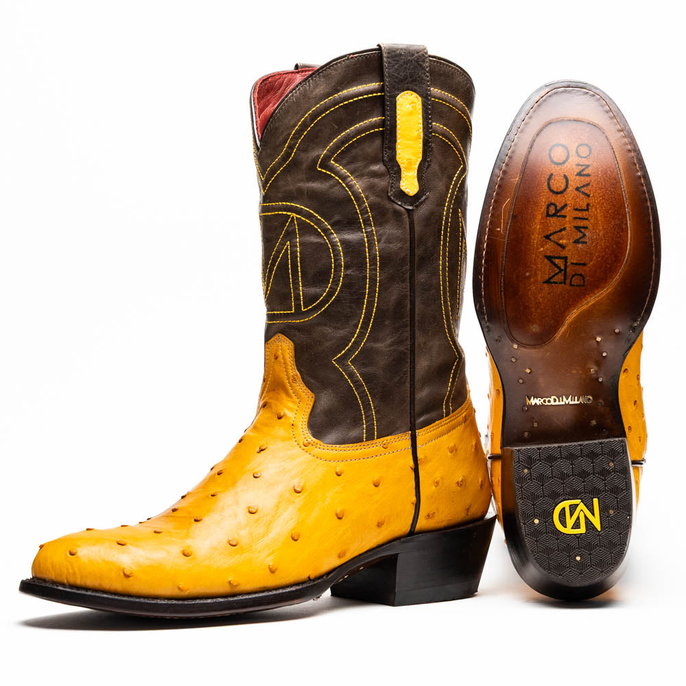 Savannah Buttercup cowboy boot in yellow ostrich skin with leather shaft, featuring round toe design, side and sole view.