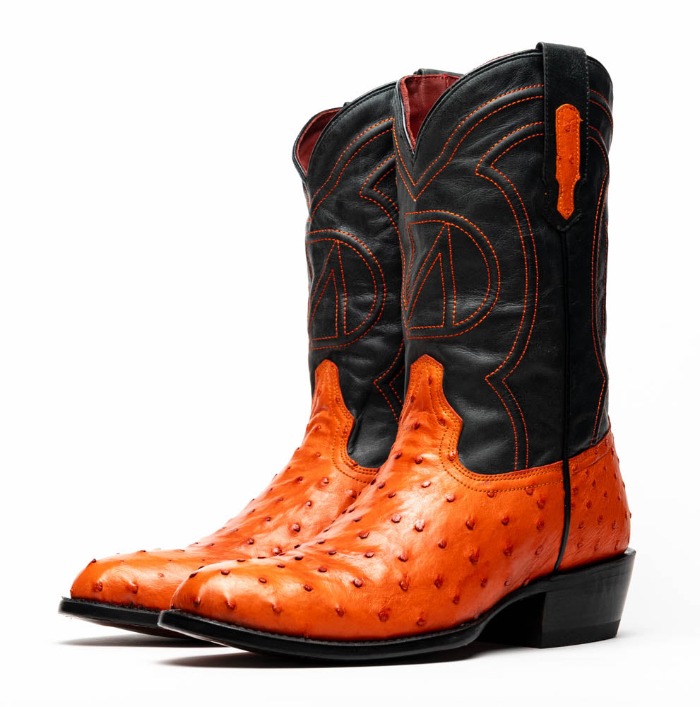 Savannah Orange genuine ostrich skin cowboy boots with full-grain leather shaft, round toe design from the Western Collection.