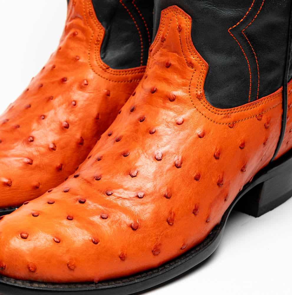 Savannah Orange genuine ostrich skin cowboy boots, handcrafted Western style with bold modern design, pre-order the unique Savannah boot today.