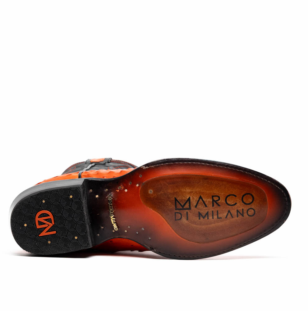 Bottom view of Savannah Orange cowboy boot with ostrich skin, showcasing Marco di Milano branding on the leather sole.