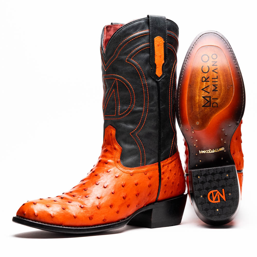 Savannah Orange ostrich skin cowboy boots with black leather shaft, handcrafted design for pre-order now.