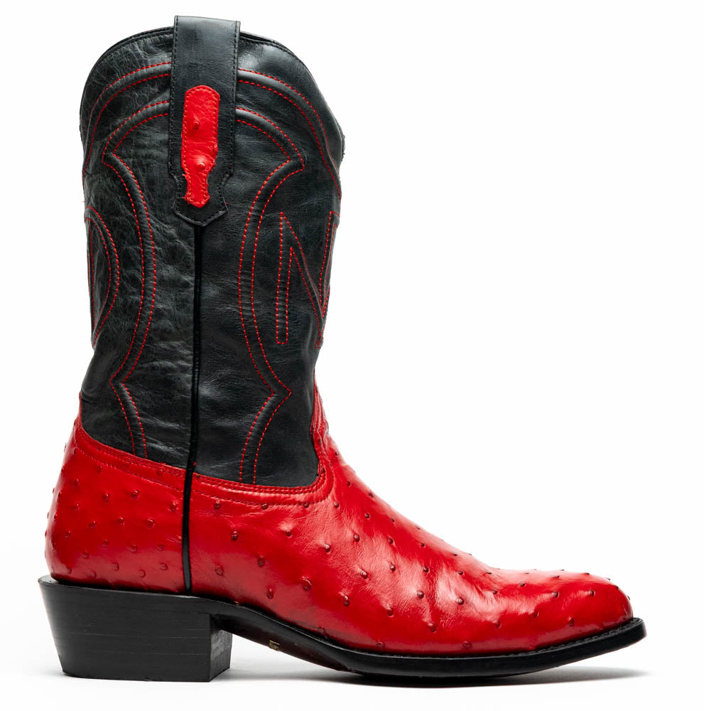 Savannah Red genuine ostrich skin cowboy boot with full-grain leather shaft, featuring bold design from Western Collection.