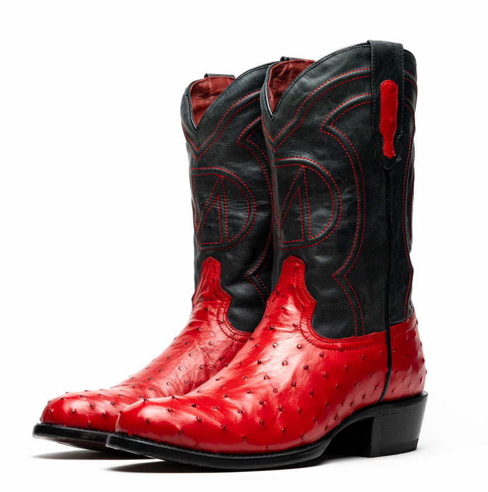 Savannah Red cowboy boots made from genuine ostrich skin and full-grain leather, featuring a modern Western design.
