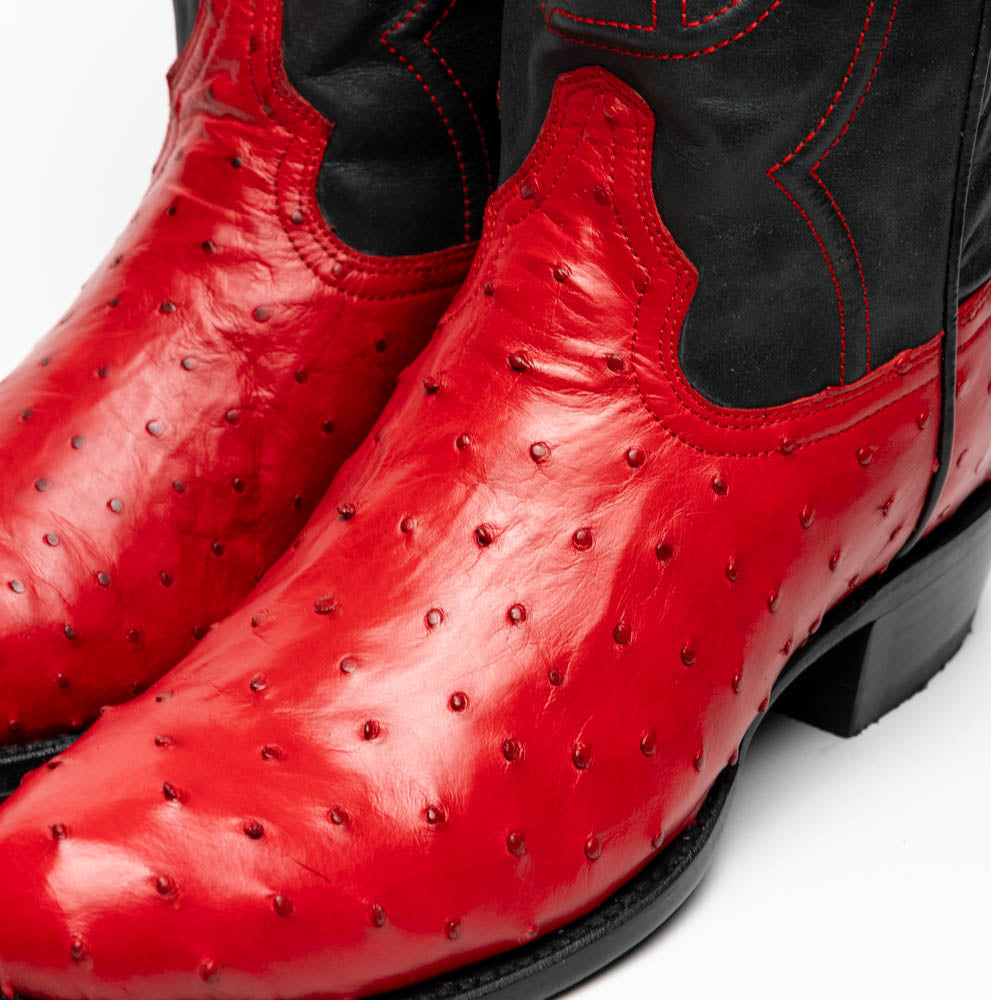 Savannah Red genuine ostrich skin cowboy boot with bold red quill pattern and black shaft from the Western Collection.