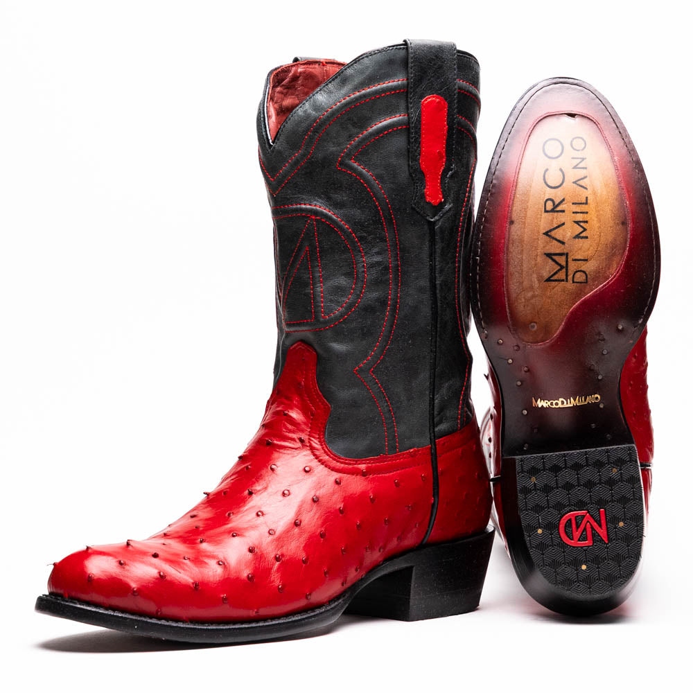Savannah Red genuine ostrich skin cowboy boots with full-grain leather shaft and round toe, from the Western Collection.