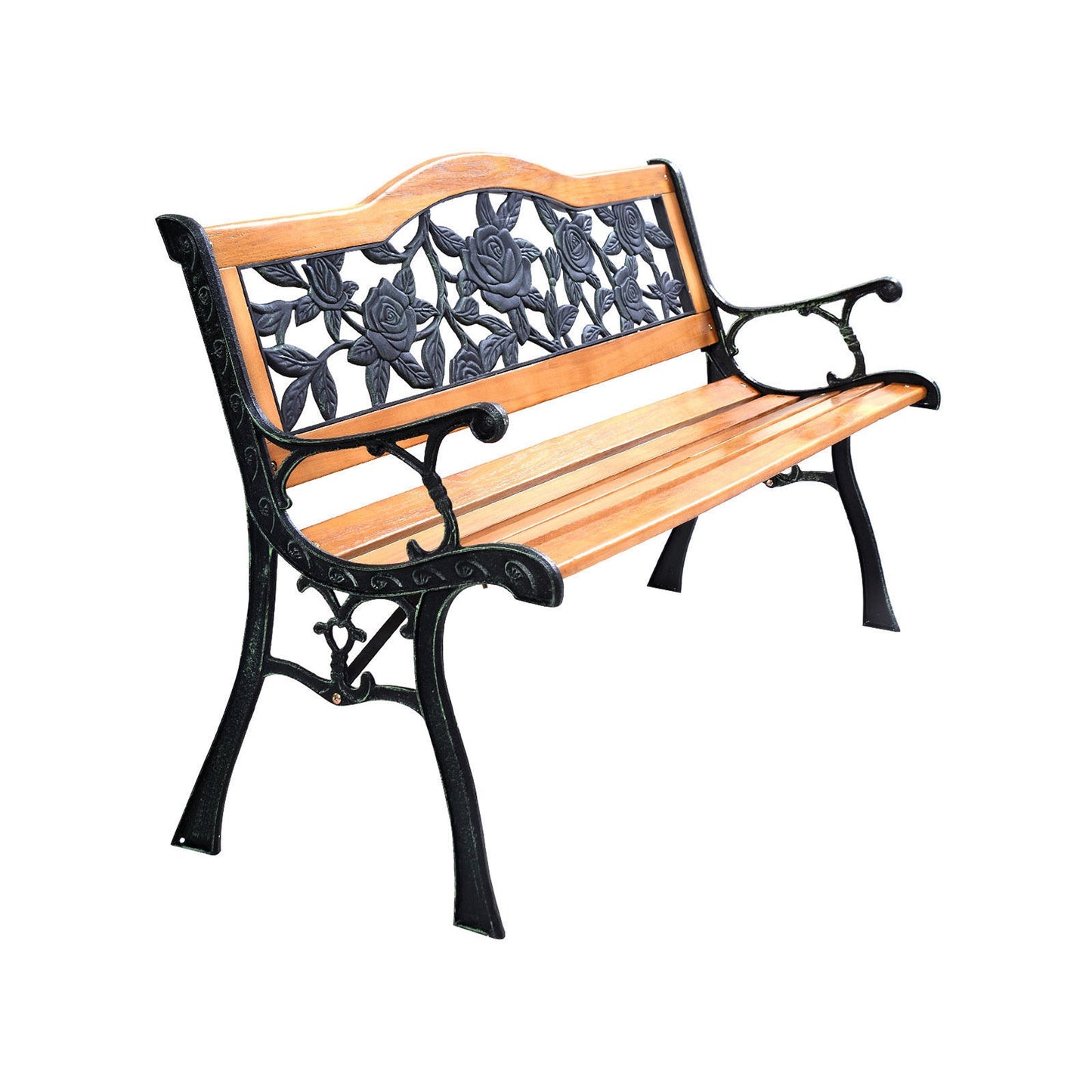 Garden Bench Chair Outdoor Wooden Loveseat with Iron Armrest on white background