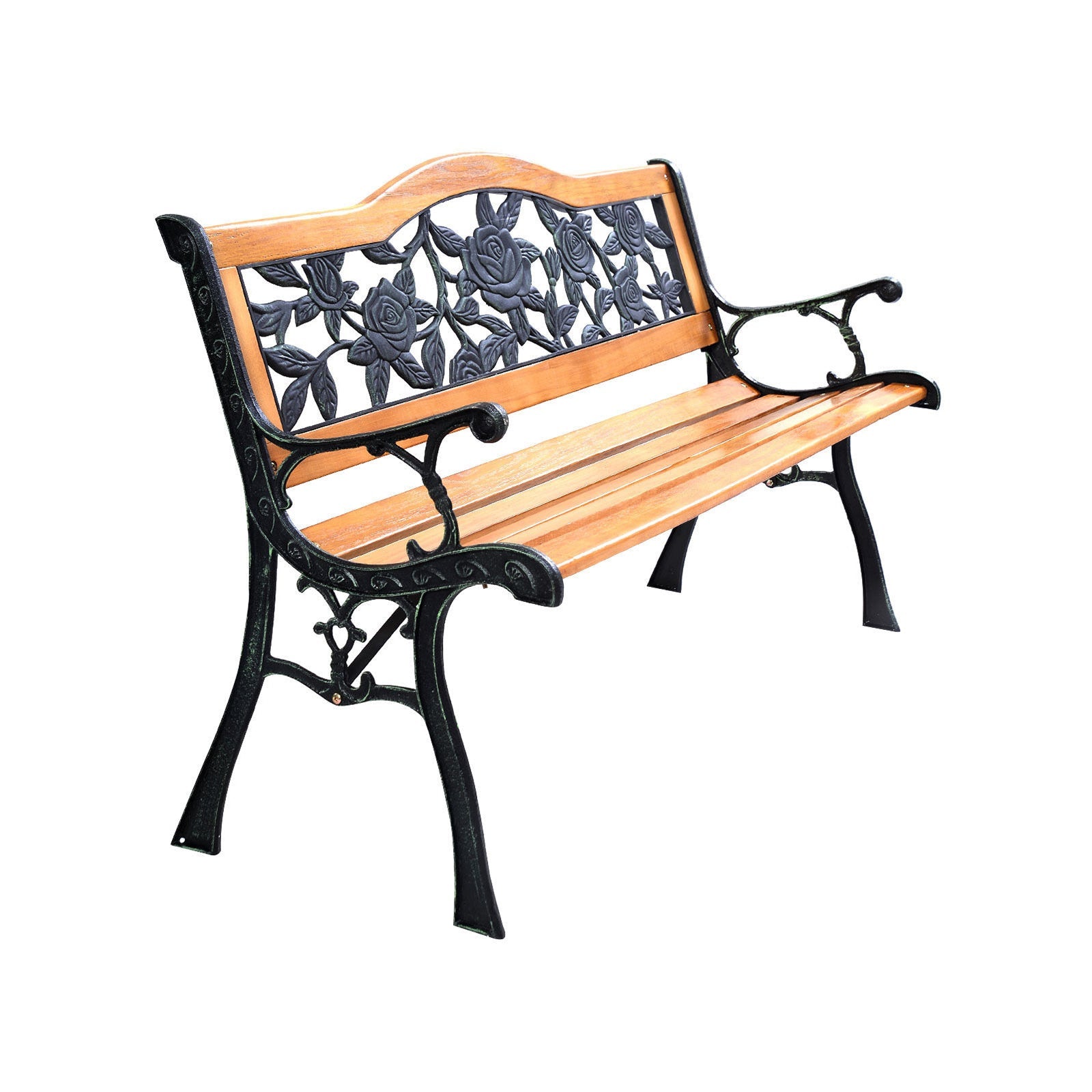 Garden Bench Chair Outdoor Wooden Loveseat with Iron Armrest on white background