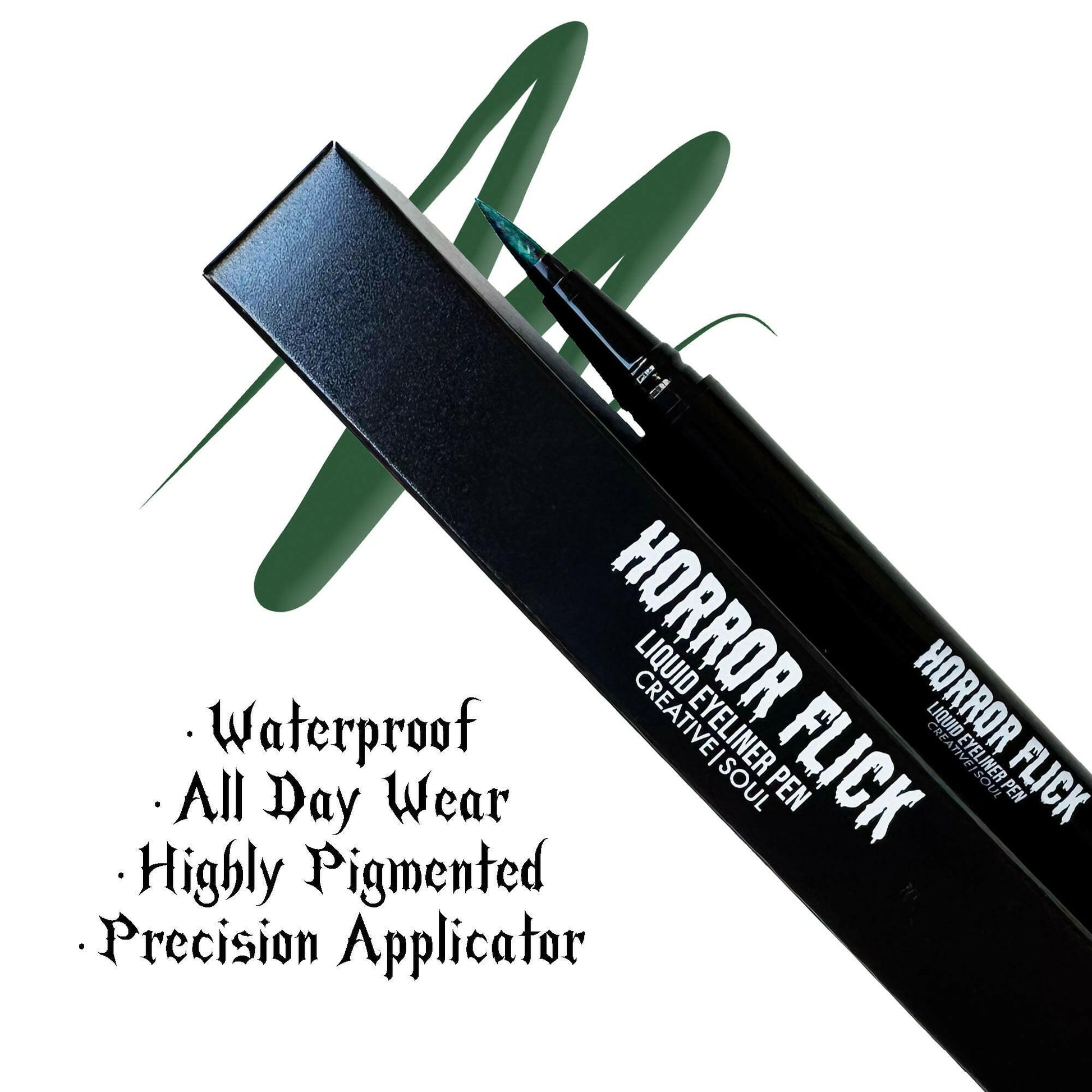 Horror Flick Liquid Eyeliner Pen in Serpent, emerald green, waterproof, long-lasting, precise brush, highly pigmented, all-day wear.