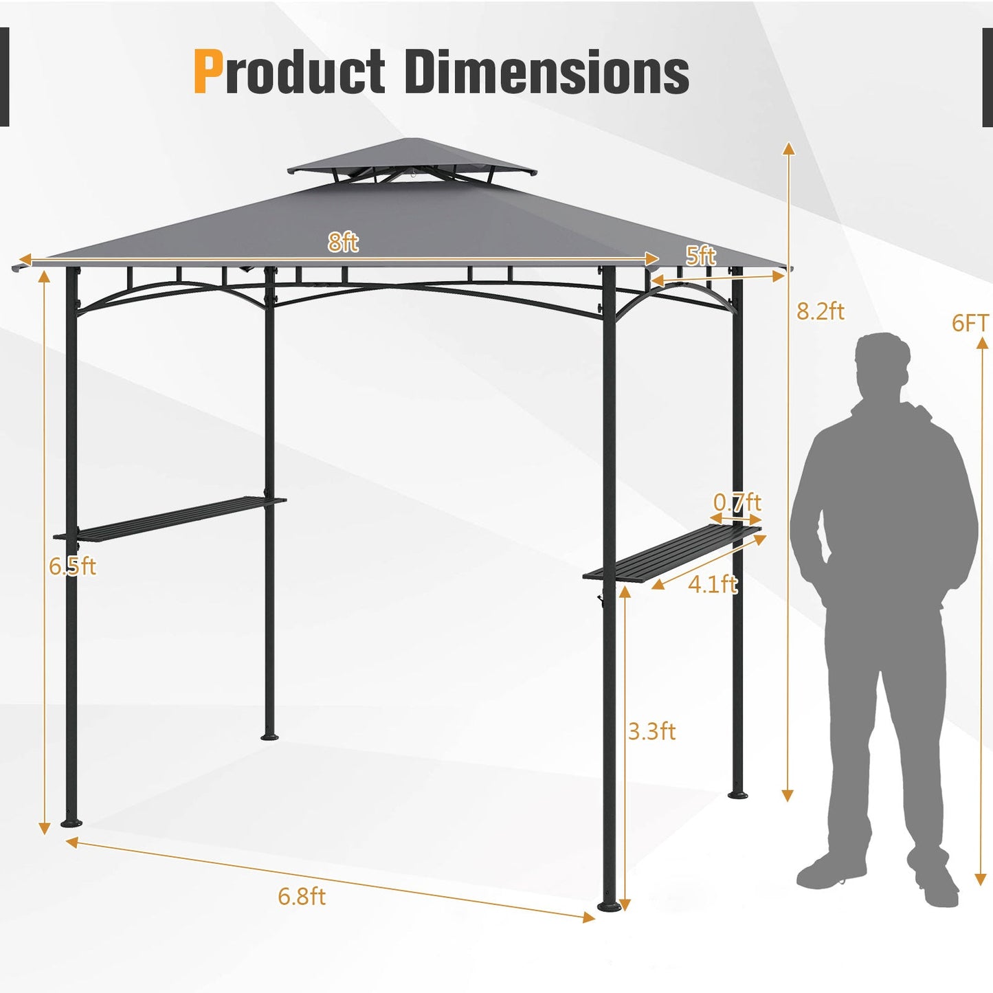 8 x 5 Feet Grill Gazebo with 2 Shelves 6 Hooks and Metal Frame-Gray showing dimensions and features.