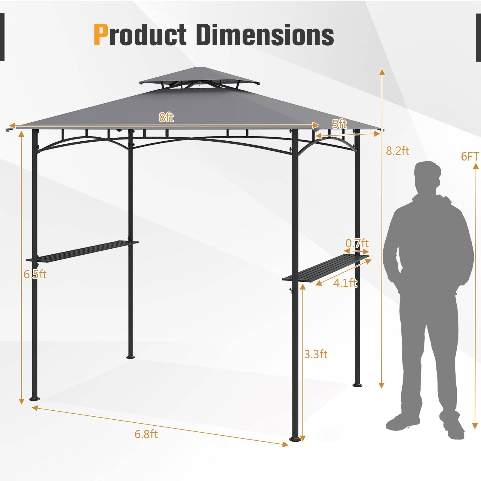 8 x 5 Feet Grill Gazebo with 2 Shelves 6 Hooks and Metal Frame-Gray showing dimensions and features.