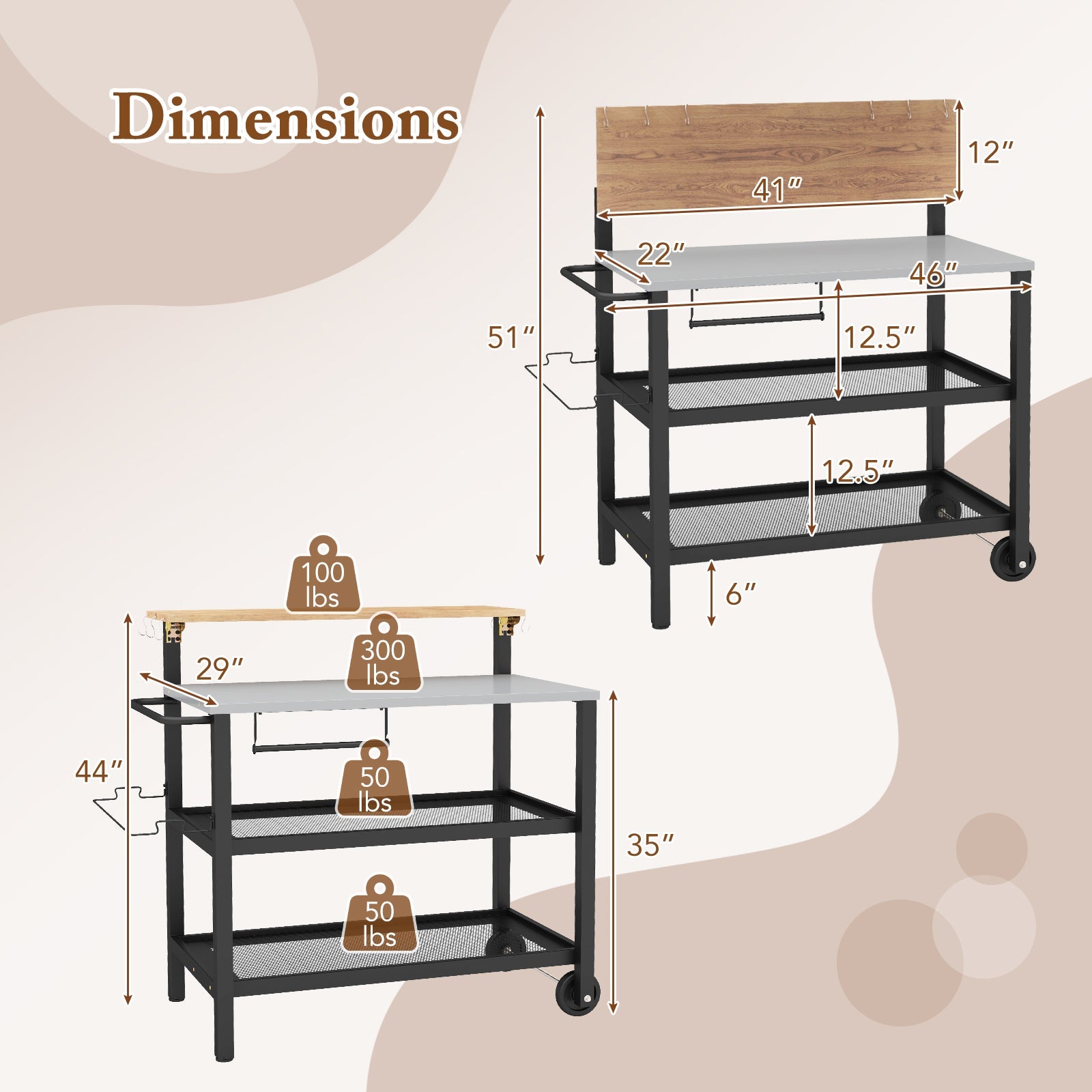 Dimensions of Rolling Bar Cart with Flip-up Table and Hooks for Kitchen, showing adjustable table and 3-tier storage.