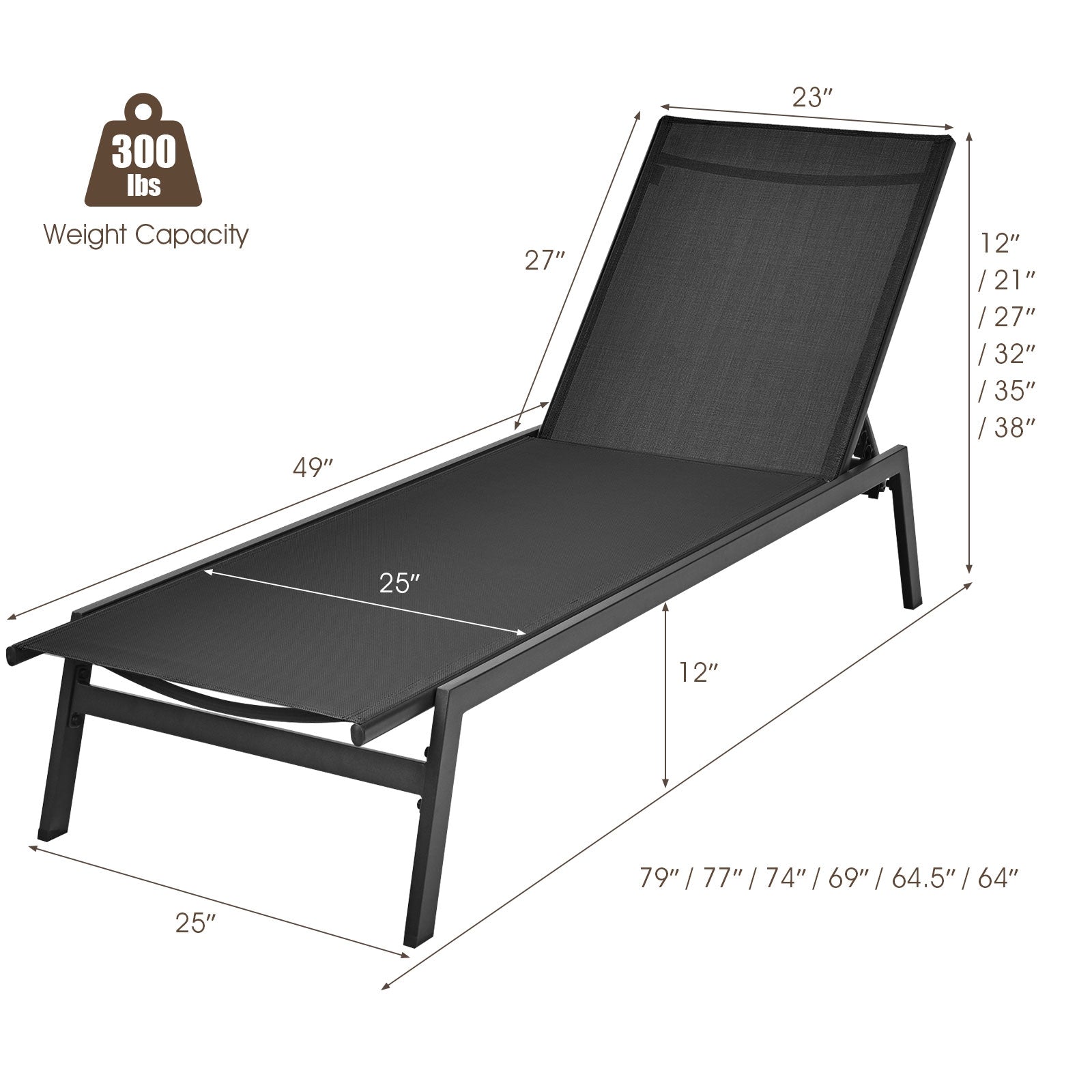 Outdoor Reclining Chaise Lounge Chair with 6-Position Adjustable Back-Black with dimensions and weight capacity.
