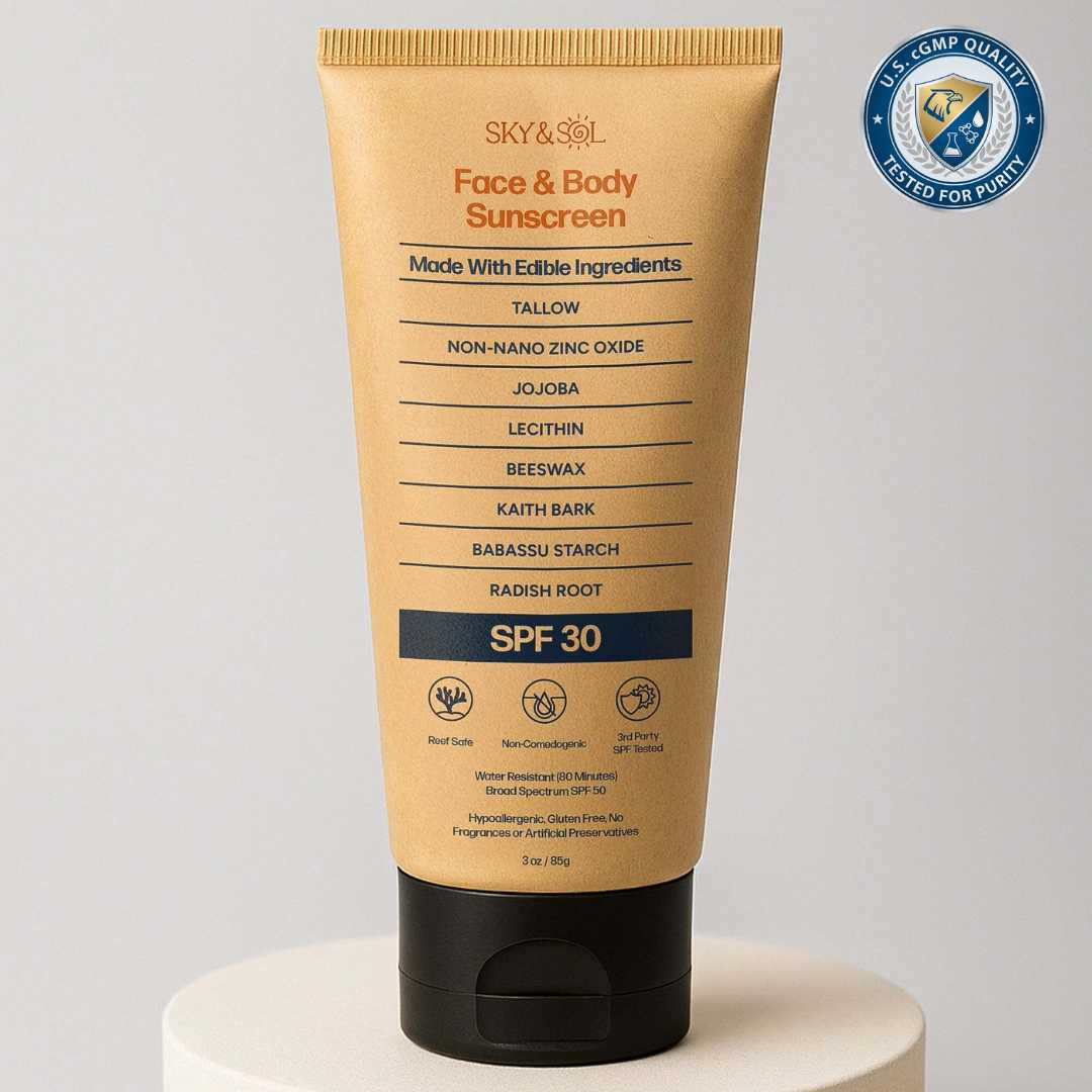 Sky and Sol Everyday Sunscreen SPF 30 tube with natural ingredients listed on the packaging.