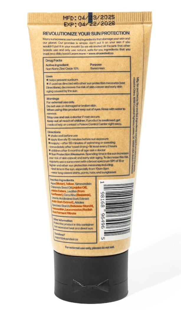 Back of Sky and Sol Everyday Sunscreen SPF 30 tube showing ingredients and directions.