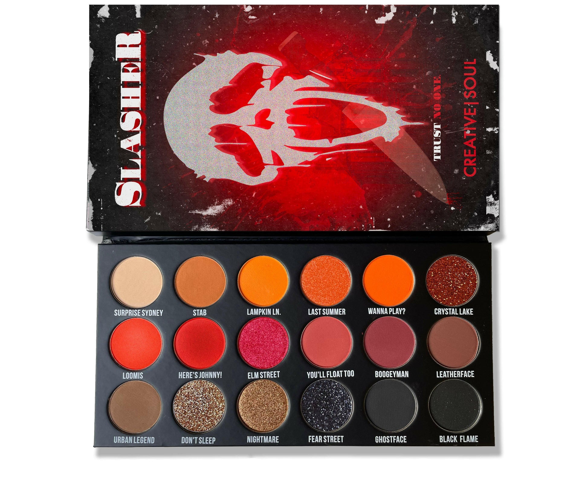 Slasher Eyeshadow Palette featuring horror-themed vibrant shades, inspired by classic 90s VHS horror movies, perfect for makeup collections.