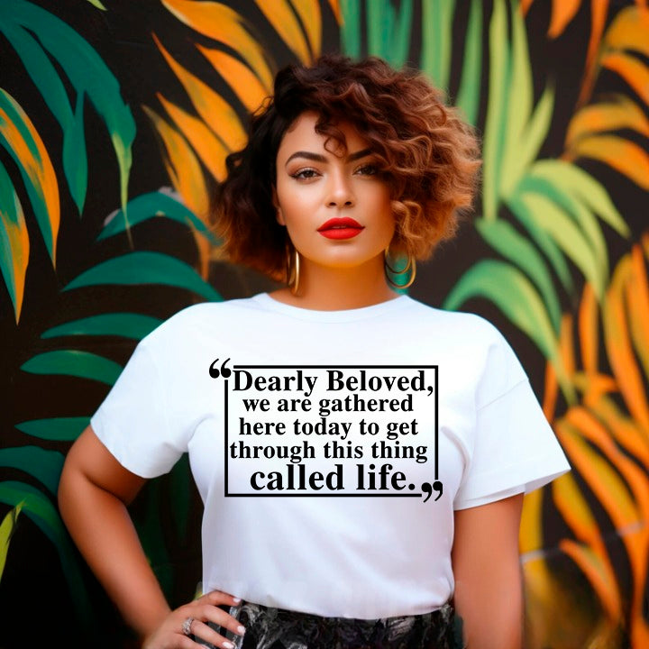 Model wearing Dearly Beloved Tee Unisex Funny Quote Shirt in a colorful backdrop