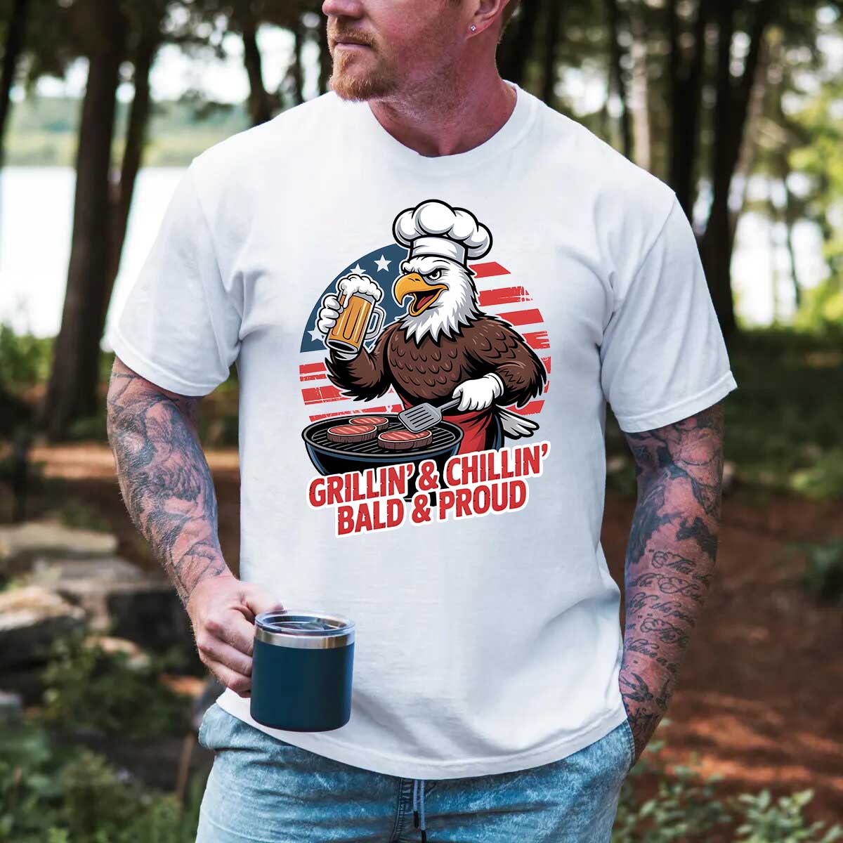 Grillin’ & Chillin’, Bald & Proud T-Shirt – Patriotic Bald Eagle BBQ Vintage Tee