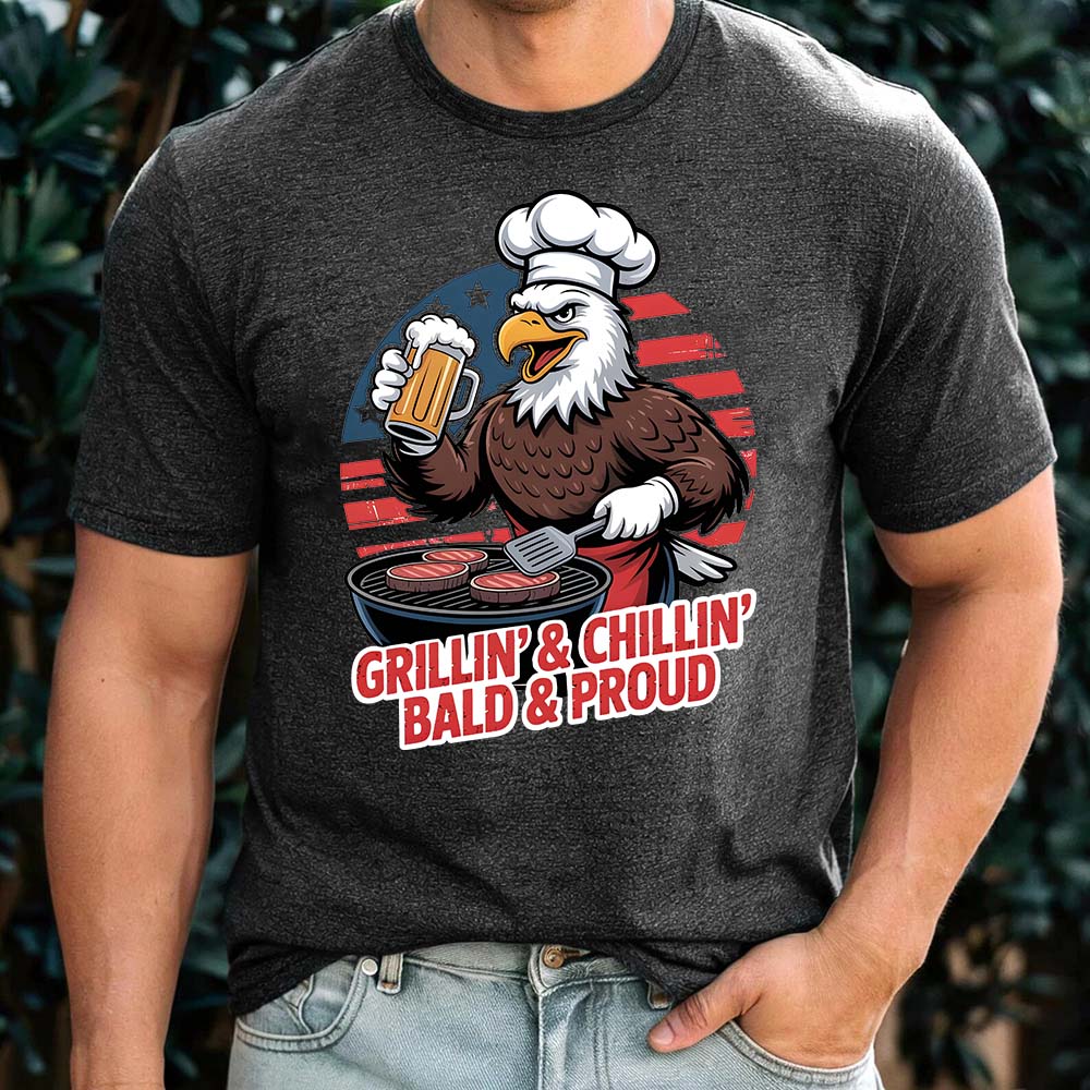 Grillin’ & Chillin’, Bald & Proud T-Shirt – Patriotic Bald Eagle BBQ Vintage Tee