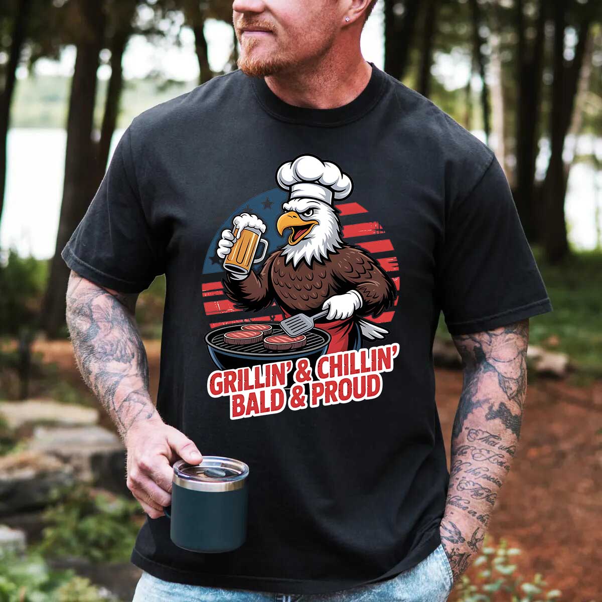 Grillin’ & Chillin’, Bald & Proud T-Shirt – Patriotic Bald Eagle BBQ Vintage Tee