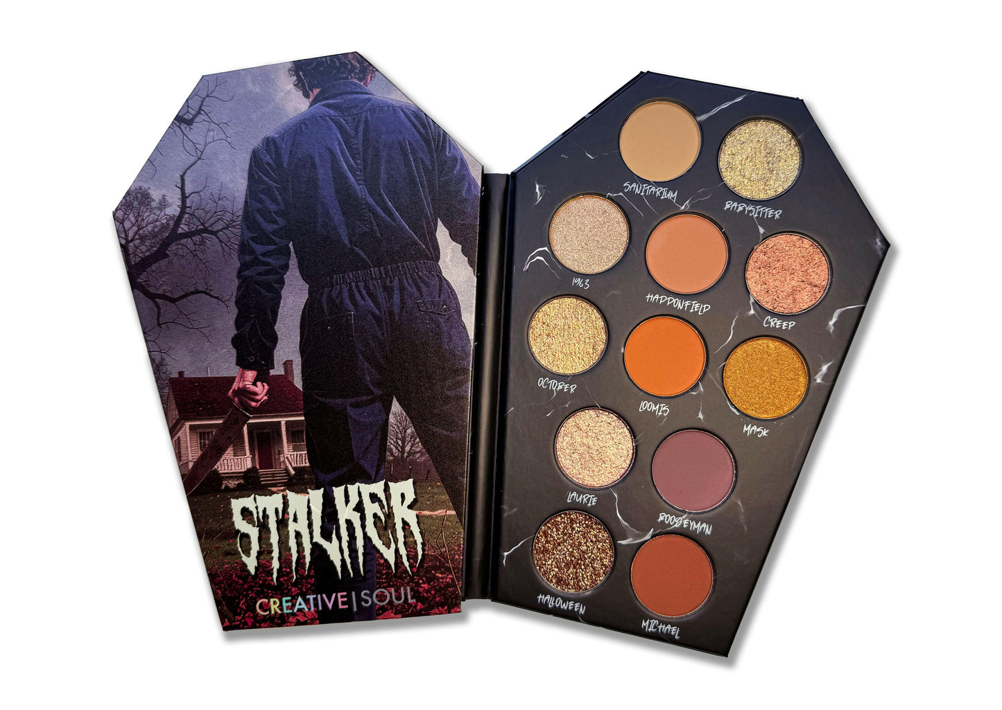 Stalker Eyeshadow Palette in coffin-shaped packaging with 12 neutral shades for Halloween-inspired makeup looks.