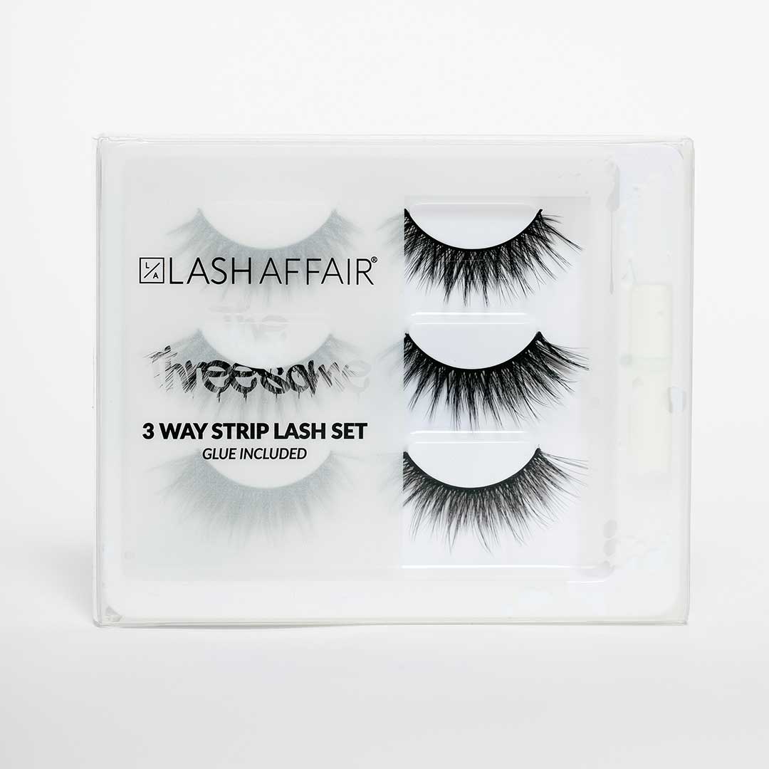 The Threesome | 3 Way Strip Lash Set in packaging with three dramatic eyelash styles.