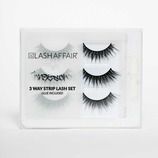 The Threesome | 3 Way Strip Lash Set in packaging with three dramatic eyelash styles.