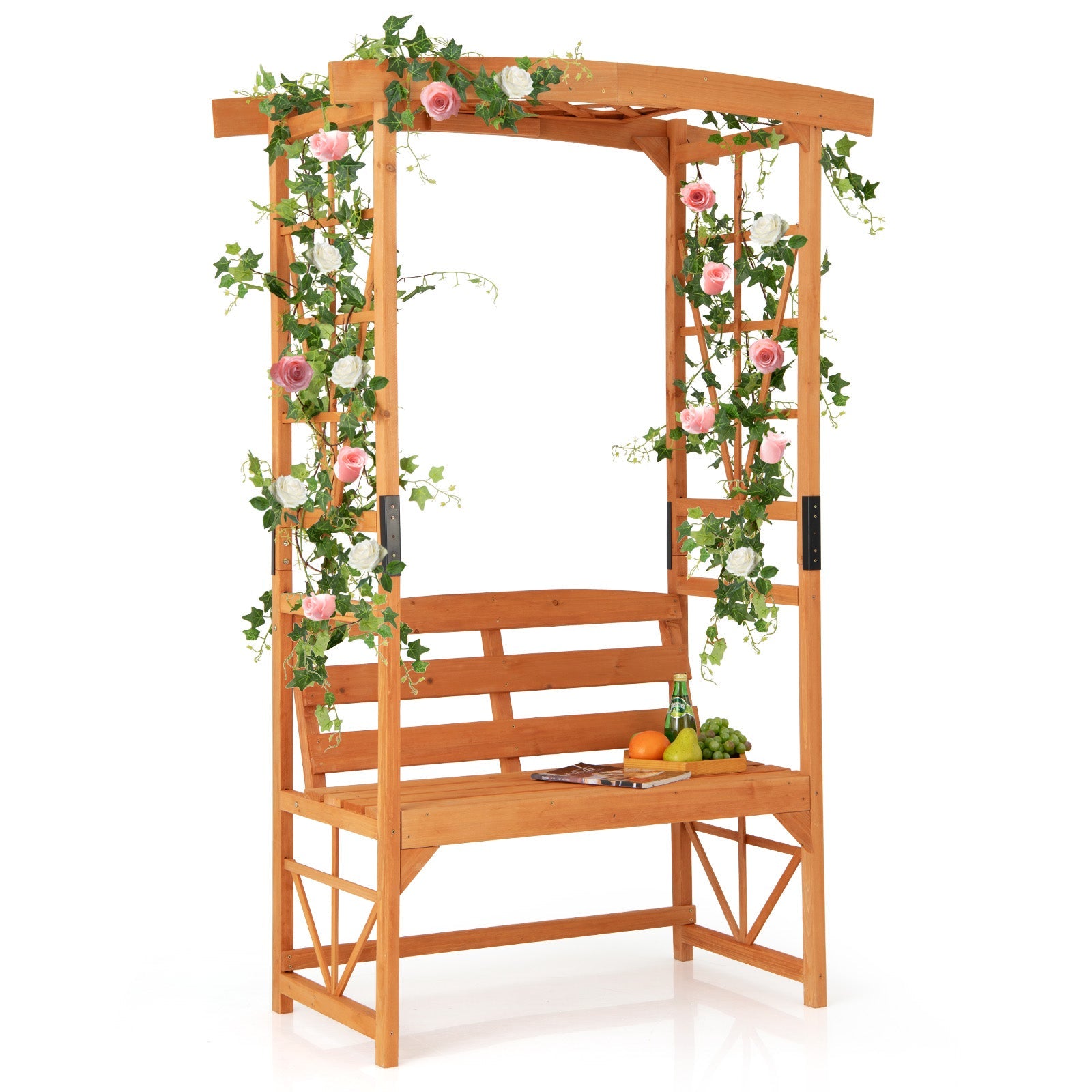 6.2 Feet Tall Patio Garden Arbor with Pergola and 2-Seat Bench for Garden Lawn Backyard Decoration-Yellow, adorned with climbing plants.