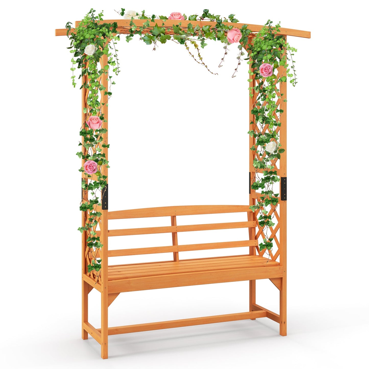 6.5 FT Tall Patio Garden Arbor with Pergola and 2-Seat Bench for Garden Backyard Decoration-Yellow with climbing plants.