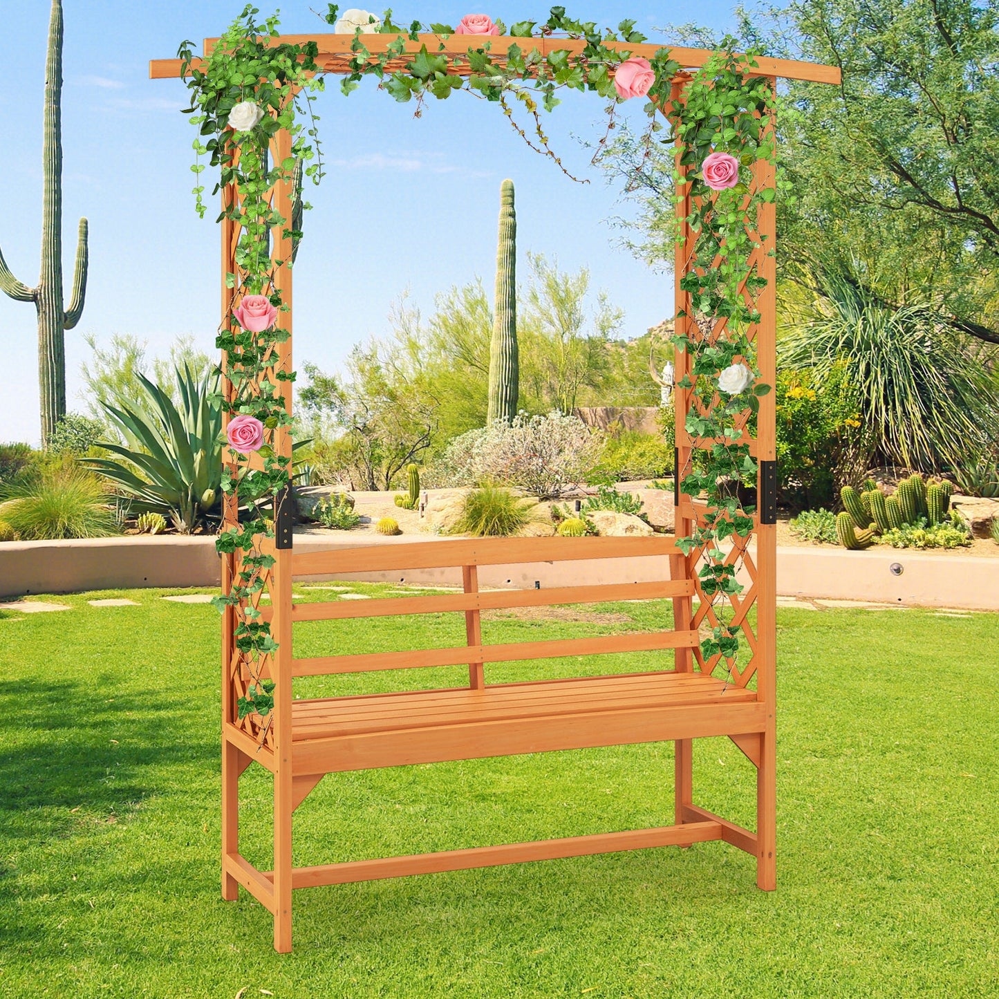 6.5 FT Tall Patio Garden Arbor with Pergola and 2-Seat Bench for Garden Backyard Decoration-Yellow surrounded by plants and flowers