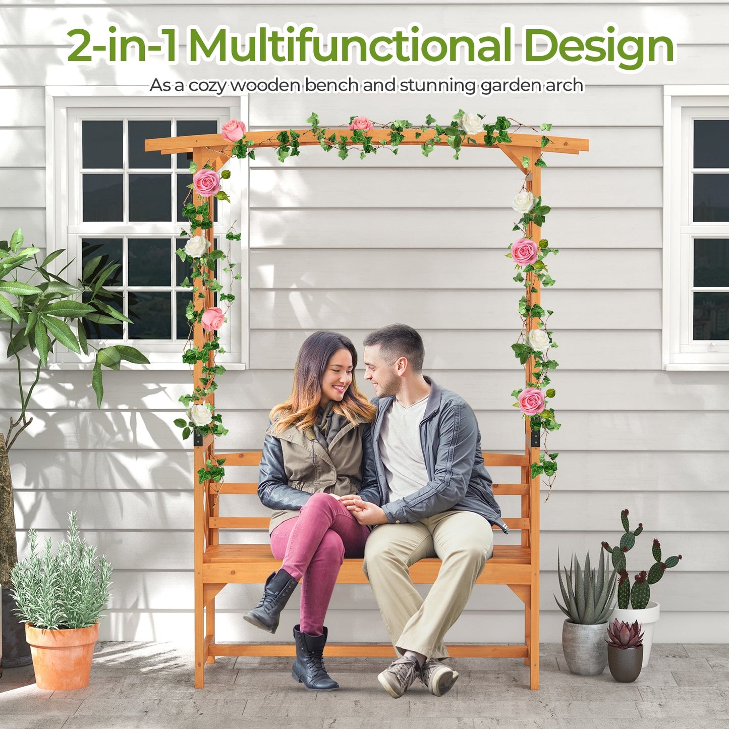 Couple sitting on 6.5 FT Tall Patio Garden Arbor with Pergola and 2-Seat Bench for Garden Backyard Decoration-Yellow
