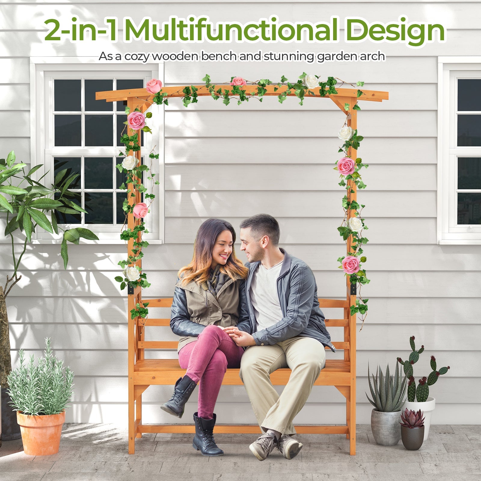Couple sitting on 6.5 FT Tall Patio Garden Arbor with Pergola and 2-Seat Bench for Garden Backyard Decoration-Yellow