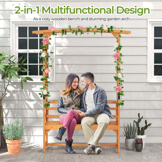 Couple sitting on 6.5 FT Tall Patio Garden Arbor with Pergola and 2-Seat Bench for Garden Backyard Decoration-Yellow