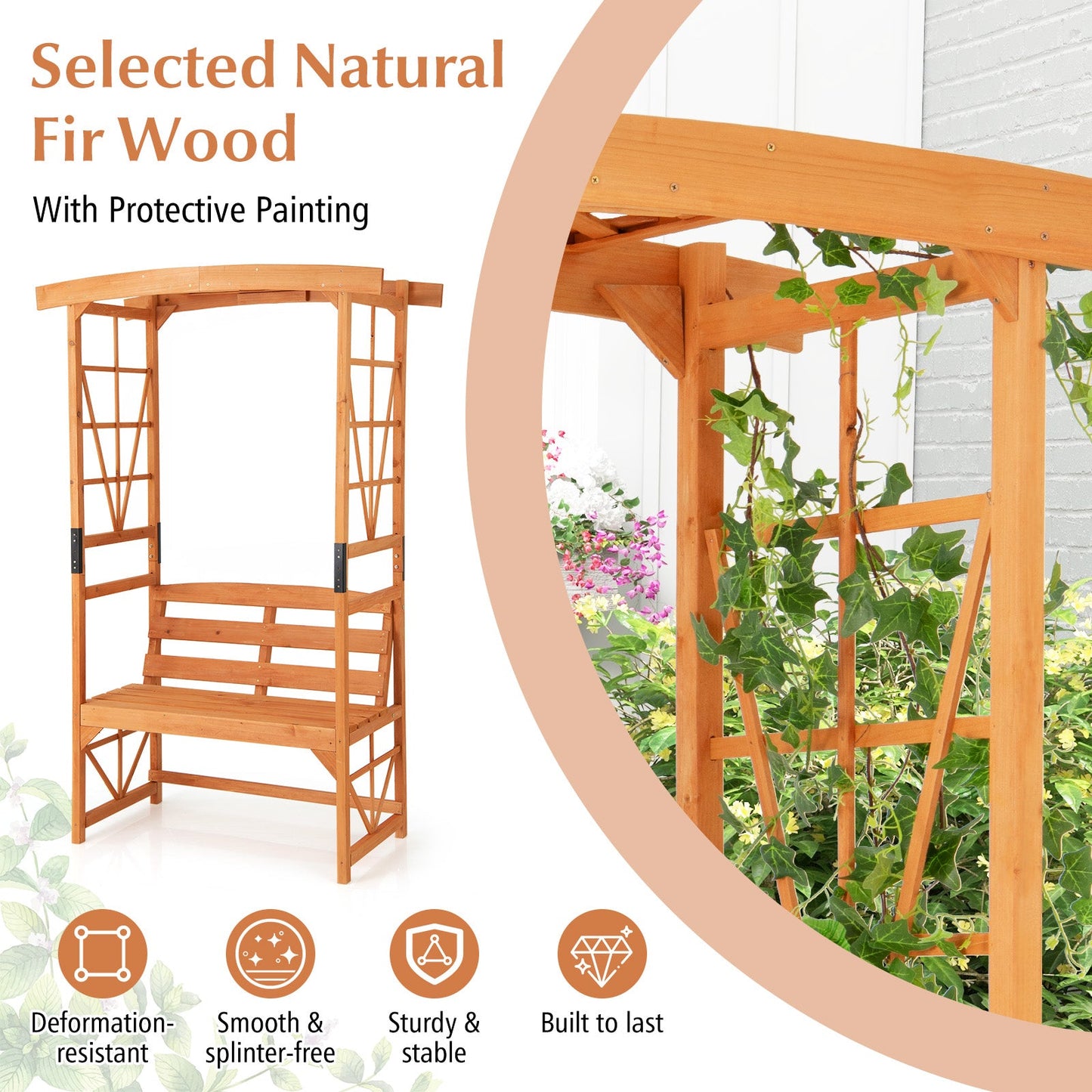 6.2 Feet Tall Patio Garden Arbor with Pergola and 2-Seat Bench for Garden Lawn Backyard Decoration-Yellow made of fir wood