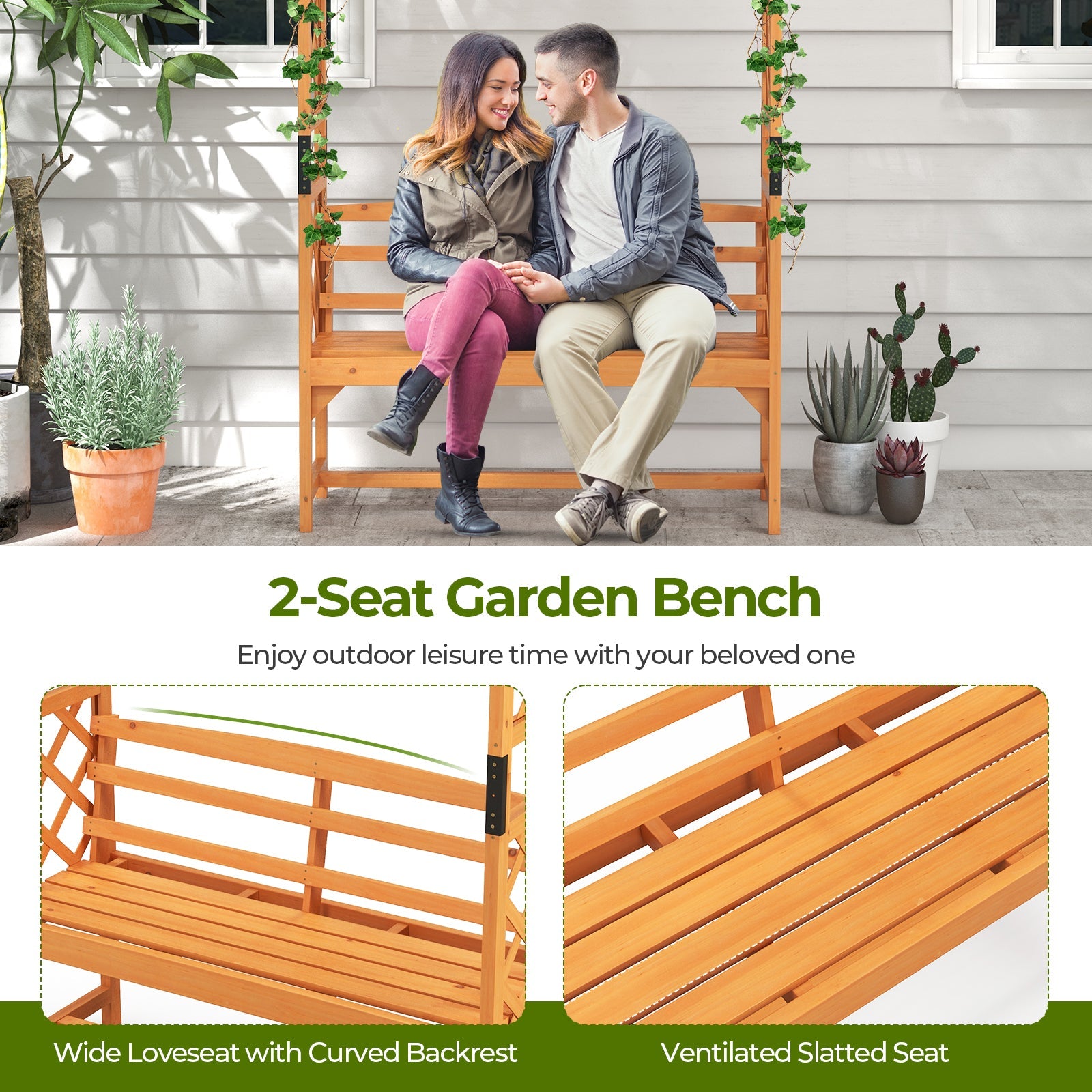 Couple sitting on 2-Seat Garden Bench in backyard, showcasing wide loveseat with curved backrest and ventilated slatted seat design