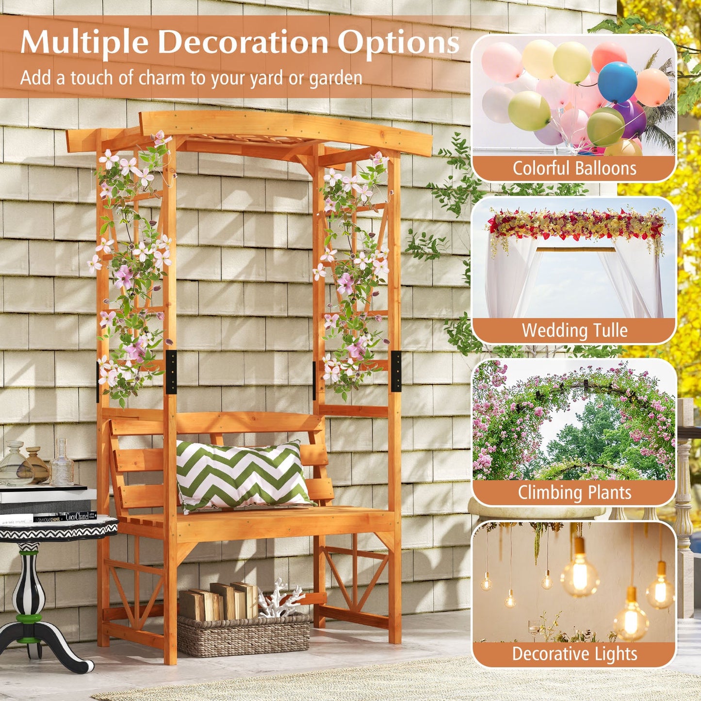 6.2 Feet Tall Patio Garden Arbor with Pergola and 2-Seat Bench for Garden Lawn Backyard Decoration-Yellow with multiple decoration options