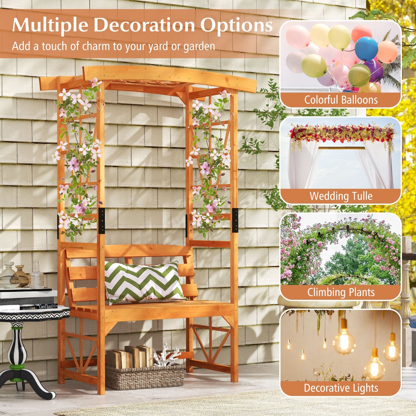 6.2 Feet Tall Patio Garden Arbor with Pergola and 2-Seat Bench for Garden Lawn Backyard Decoration-Yellow with multiple decoration options