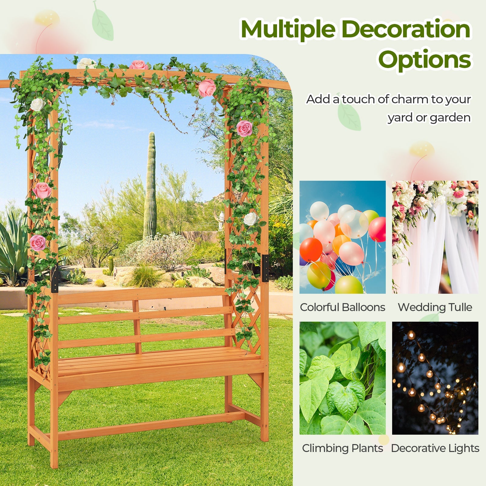 6.5 FT Tall Patio Garden Arbor with Pergola and 2-Seat Bench for Garden Backyard Decoration-Yellow adorned with decor options