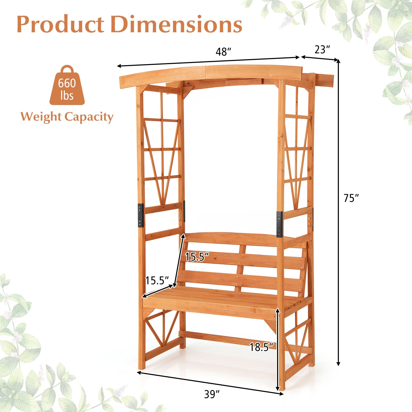 6.2 Feet Tall Patio Garden Arbor with Pergola and 2-Seat Bench for Garden Lawn Backyard Decoration-Yellow, dimensions shown.